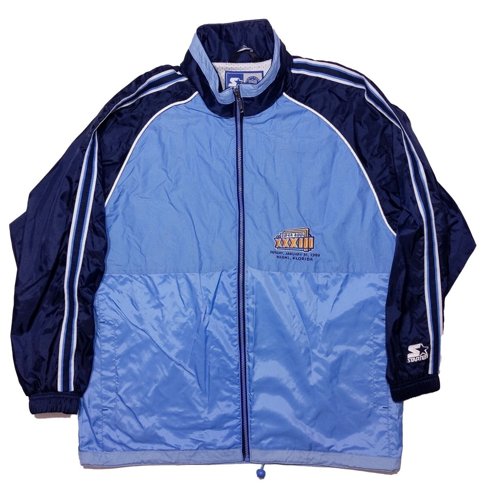 Vintage STARTER 1999 Miami Super Bowl 33 Jacket Broncos Falcons Blue Large L